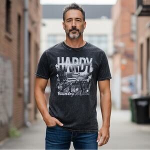 Hardy Country As Hell Black T-Shirt Vintage Washed Short Sleeve Mens Medium
